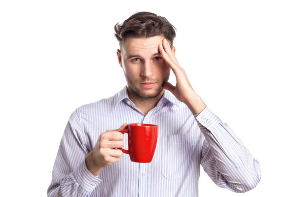 Handsome Businessman With A Headache Holding Red Cup — Stok Foto