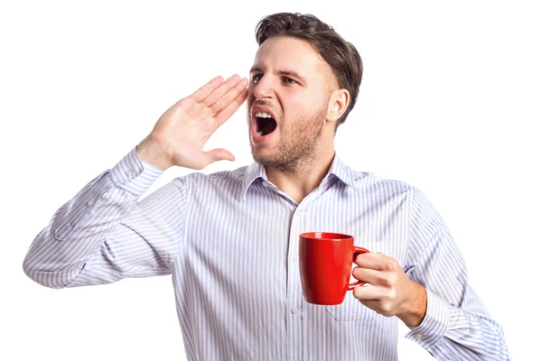 Handsome Businessman Holding Red Cup And Screaming At Something — Stock Photo, Image