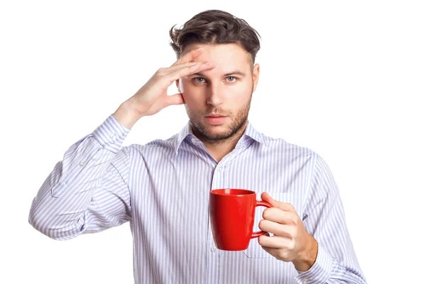 Handsome Businessman With A Headache Holding Red Cup — Stok Foto