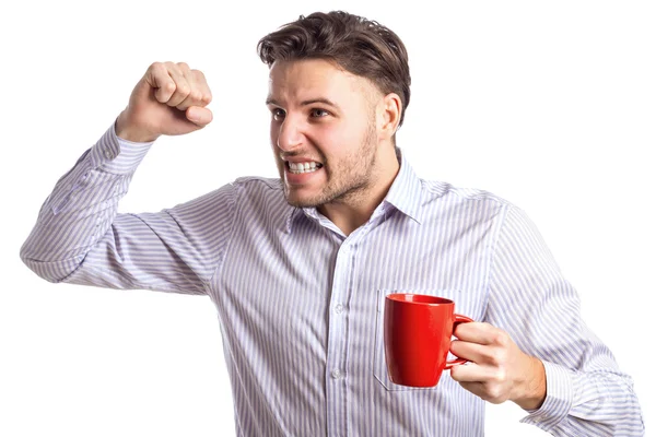 Handsome Angry Businessman Brandishing His Fist Holding Red Cup — Stock Photo, Image