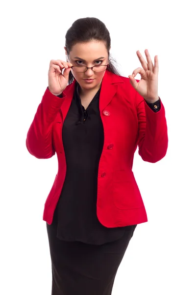 Gordinha mulher no vermelho jaqueta — Fotografia de Stock