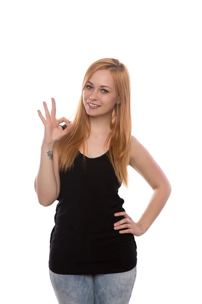 Giovane bella ragazza con i capelli rossi mostra il gesto isolato su sfondo bianco — Foto Stock