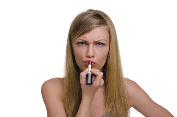 Young beautiful girl with lipstick — Stock Photo, Image