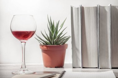 Çevrimiçi eğitim kavramı, ev eğitimi. Masanın üzerinde bir bardak kırmızı şarap, bir sıra kitap, bir saksı, bir not defteri ve bir kalem var..