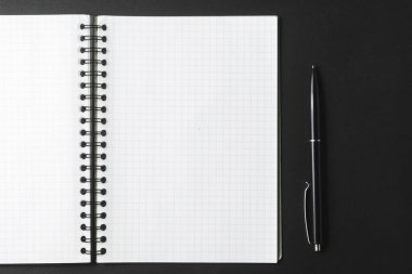        Açık bir defter ve siyah bir kalem.