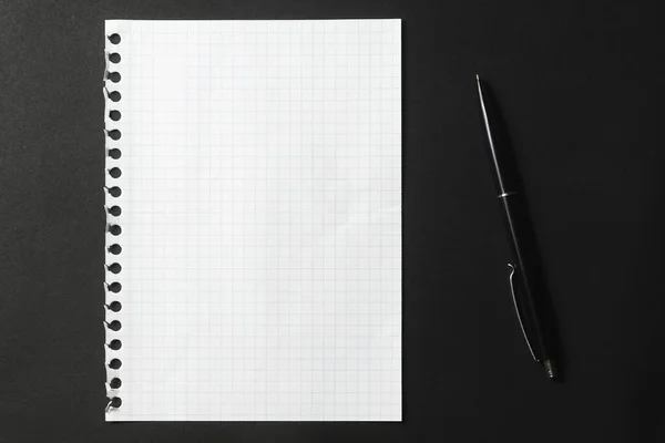 White Piece Paper Notebook Black Pen Dark Background — Stock Photo, Image