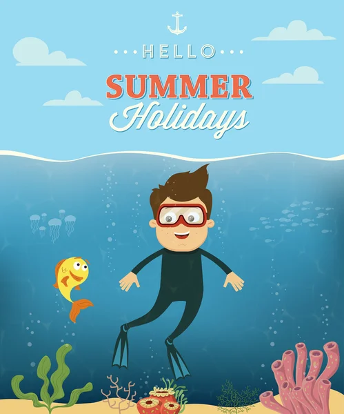 Férias de verão com design de personagem mergulhador . — Vetor de Stock