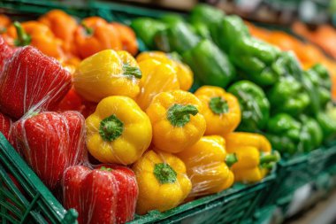 Çeşitli renklerde taze dolmalık biberler, canlı renklerini vurgulayan ve sağlıklı besin seçeneklerini destekleyen bir pazar vitrininde güzelce düzenlenmiştir.