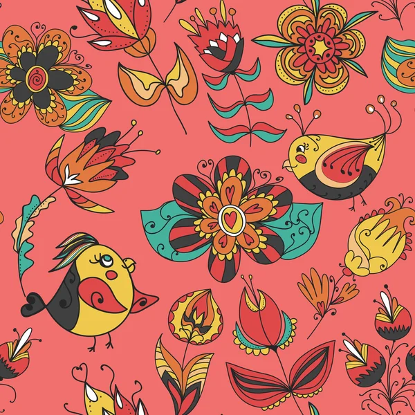 花や鳥のシームレスなテクスチャ パターン — ストックベクタ