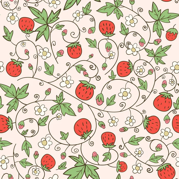 Sömlös bakgrund med en jordgubbe och blommor — Stock vektor