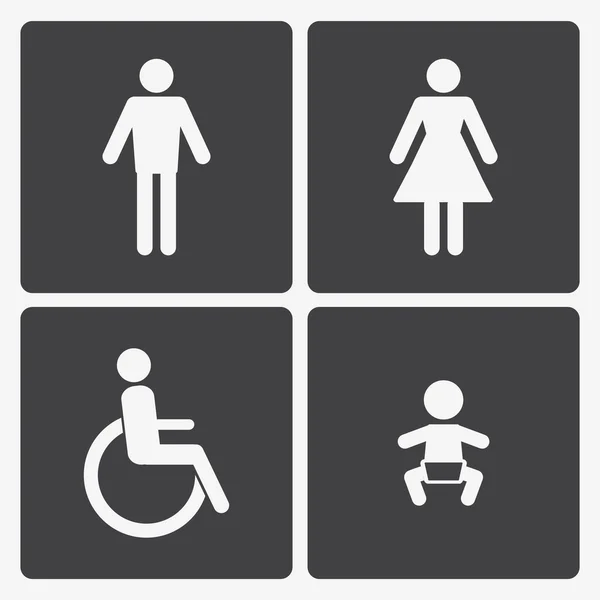 Icônes de toilettes vectorielles : dame, homme, enfant et handicap — Image vectorielle