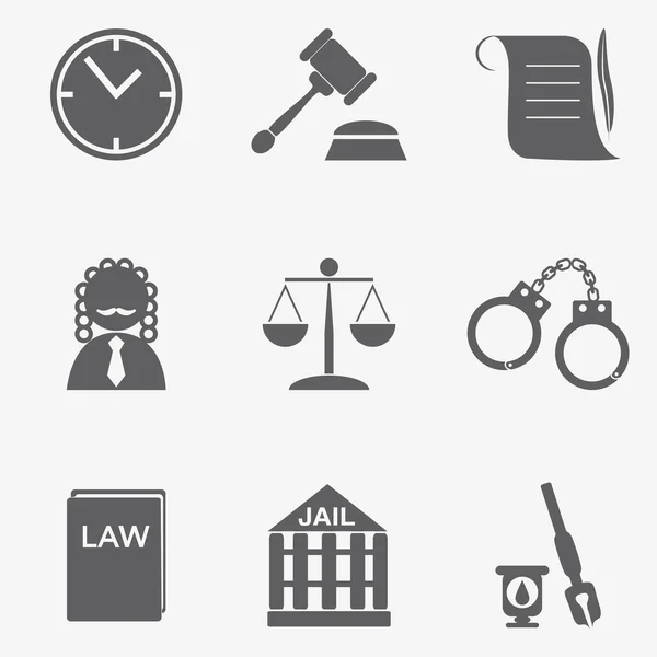 Juez de la ley icono conjunto, signo de justicia — Vector de stock