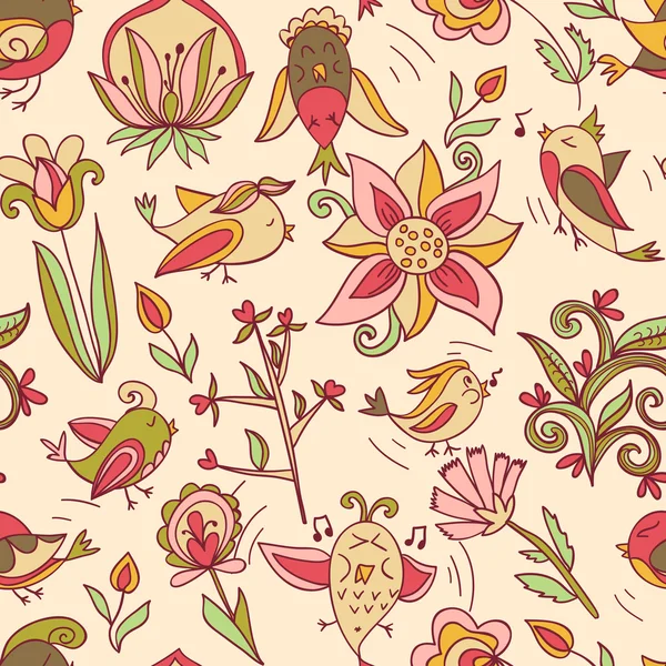 花や鳥のシームレスなテクスチャ — ストックベクタ