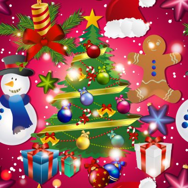 Yeni yıl desenle kardan adam, yılbaşı ağacı oyuncak, zencefilli kurabiye adam. Hediye ve mum. Noel Baba şapkası