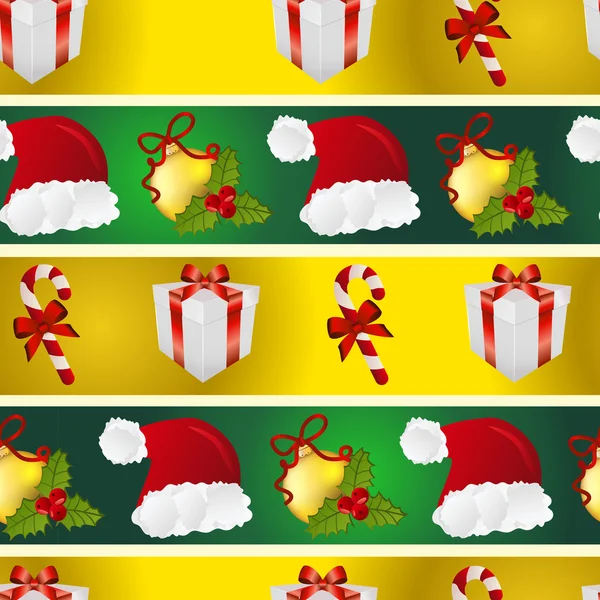 Nya året mönster med Santa hatt, gåva, girlanger till julgran och randiga candy — Stock vektor