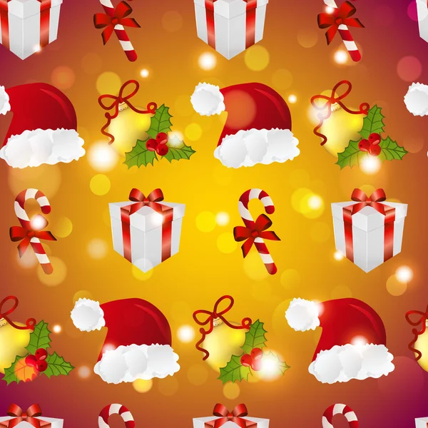 Nový rok vzorek s Santa hat, dárek, vánoční strom hračky a pruhovaný bonbony — Stockový vektor