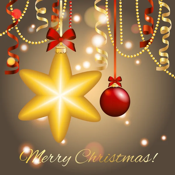 Ano Novo cartão de saudação. Bola Estrela de Natal com arco e fita. Decorações de Natal. Faíscas e bokeh. Brilhante e brilhante . — Vetor de Stock