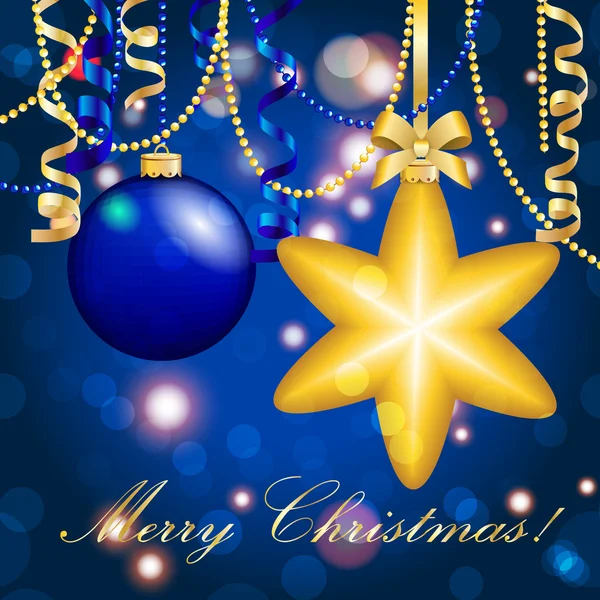 Νέο έτος ευχετήρια κάρτα. Χριστουγεννιάτικο αστέρι μπάλα με φιόγκο και κορδέλα. Χριστούγεννα διακοσμήσεις. Αστράφτει και bokeh. Λαμπερά και λαμπερό. — Διανυσματικό Αρχείο