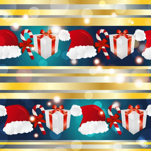 Neujahrsmuster mit Weihnachtsmütze, Geschenk und gestreiften Bonbons — Stockvektor