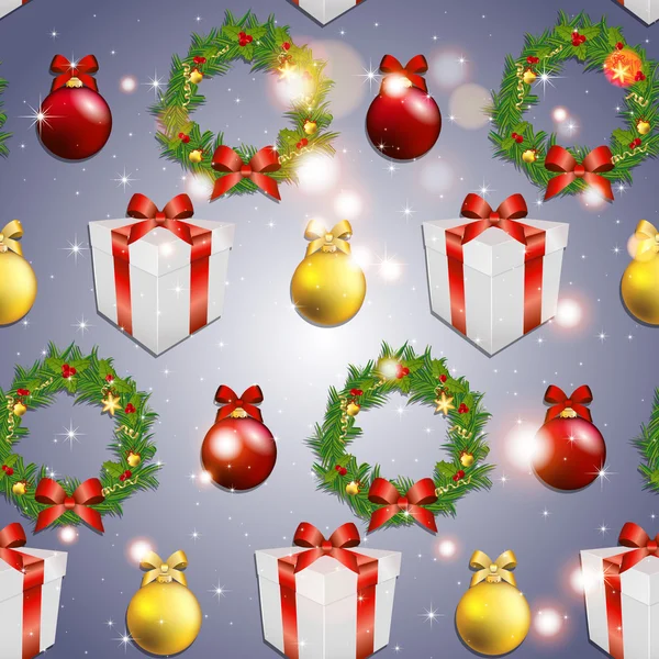 Nouvelle année modèle avec des jouets d'arbre, ruban cadeau et couronne de Noël — Image vectorielle