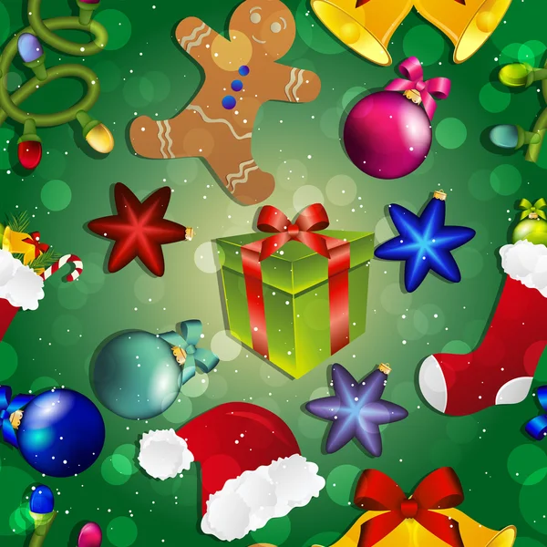 Nový rok vzor vánoční hračky. Ponožky s dar, klobouk Santa a perník muž. — Stockový vektor