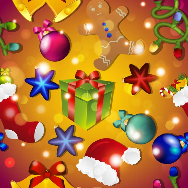 Nya året mönster jul leksaker. Strumpor med gåva, mössa Santa och pepparkakor mannen. — Stock vektor