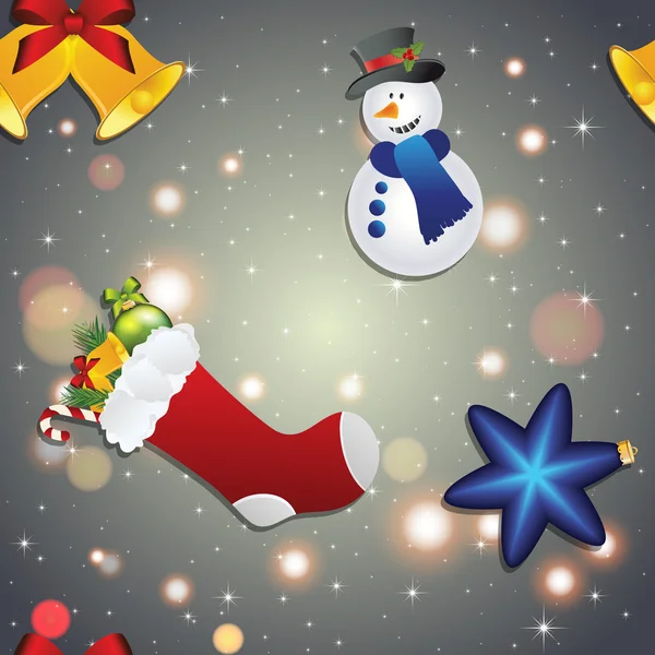Nya året mönster med snögubbe, strumpa för gåvor, bell och julgran leksak — Stock vektor