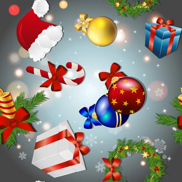 Patrón de año nuevo con juguete de árbol, regalo, corona de Navidad, vela y dulces, sombrero de Santa — Vector de stock