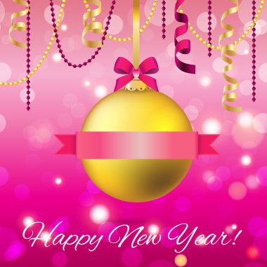 Yeni yıl tebrik kartı. Noel top şerit ve yayla.