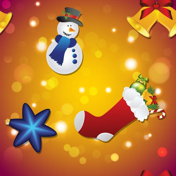 Nuovo modello anno con pupazzo di neve, calzino per regali, campana e giocattolo dell'albero di Natale — Vettoriale Stock