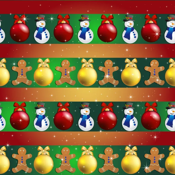 Novo padrão de ano com brinquedos de árvore de Natal, homem de gengibre e boneco de neve — Vetor de Stock