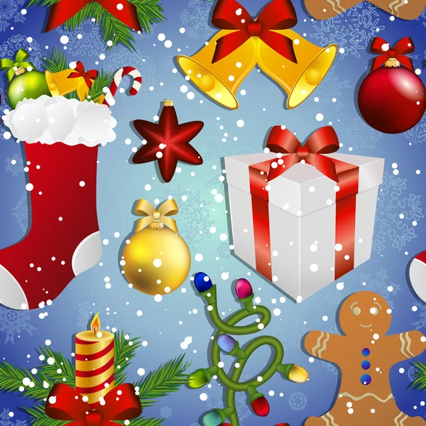 Año nuevo patrón de juguetes de Navidad. Calcetines con regalo, vela y el hombre de jengibre . — Archivo Imágenes Vectoriales