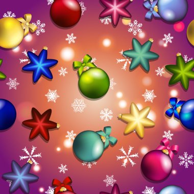 Yeni yıl Noel ağacı oyuncakları ile desen. Top ve yıldız.