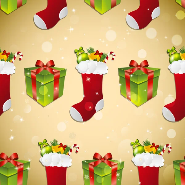 新的一年模式与礼品和礼物的袜子 — 图库矢量图片