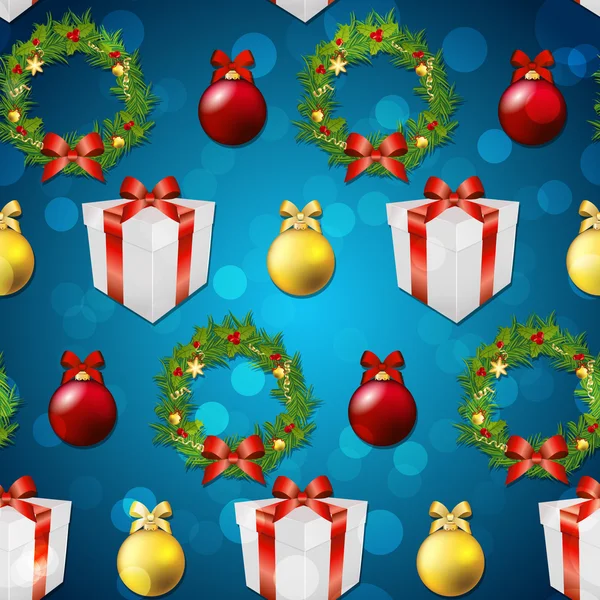 Nieuwjaar patroon met boom speelgoed, geschenk lint en de kroon van Kerstmis — Stockvector