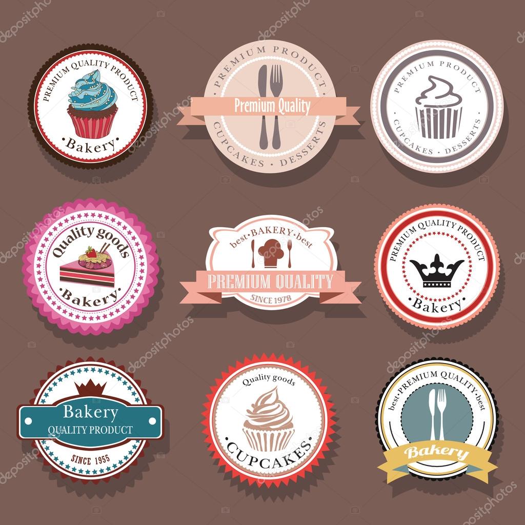 Set of bakery vector logo labels and badges. Collection of food icons