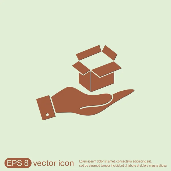 Hand met een geopende kartonnen doos — Stockvector