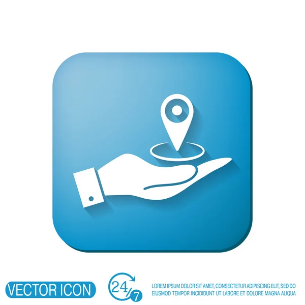 Mano sosteniendo una ubicación pin en el mapa — Vector de stock