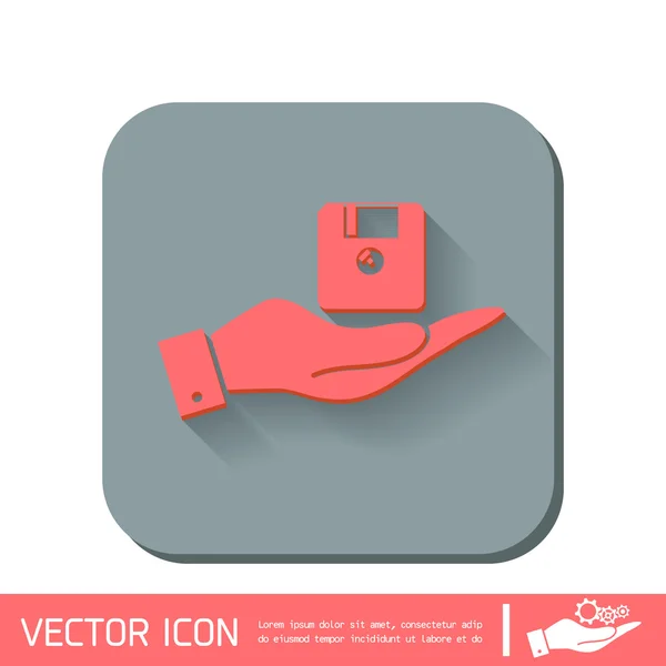 Hand met een diskette, diskette. — Stockvector