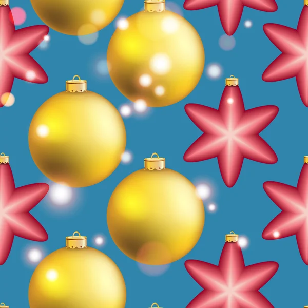 Nya året mönster med jul boll. Gnistrar och bokeh. Blanka och glödande — Stock vektor