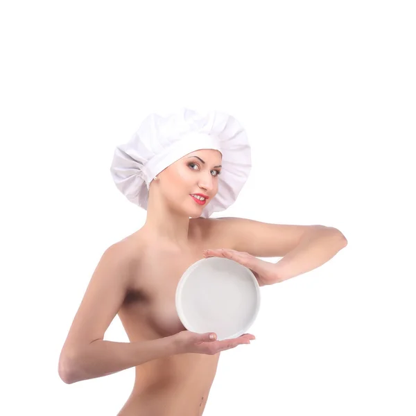 Chef de restaurante desnudo con plato para un menú . —  Fotos de Stock