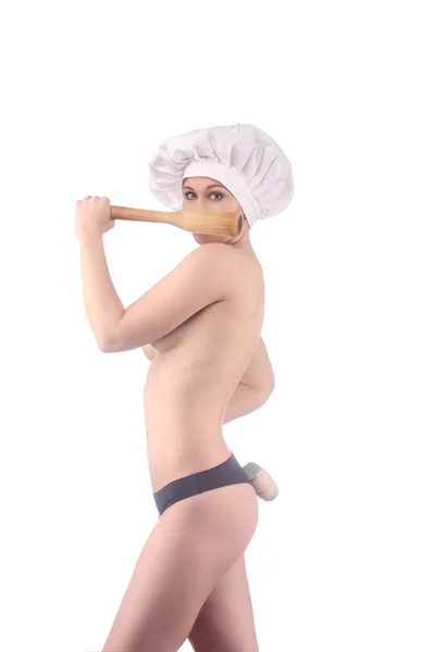 Naked restaurant chef with rolling pin for a menu — Stock Photo, Image