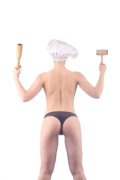 Chef ristorante nudo con mattarello per un menu — Foto Stock