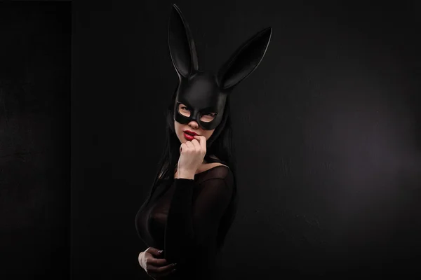 Σέξι, όμορφη, γοητευτική, woamn σε μαύρο κουνέλι μάσκα και κομψό φόρεμα. — Φωτογραφία Αρχείου