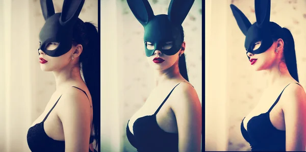 Brunett kvinna med sexiga underkläder och fluffiga bunny öron — Stockfoto