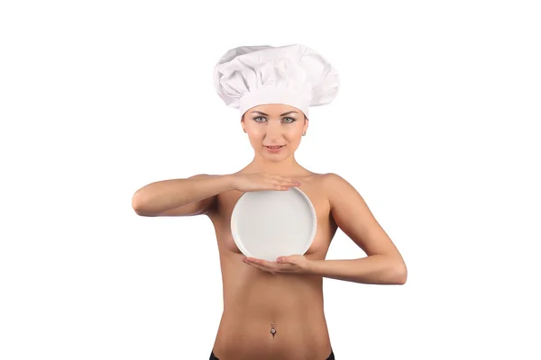 Chef de restaurante desnudo con plato para un menú —  Fotos de Stock