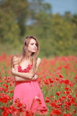 haşhaş alanında, kırmızı güzel kız giydir