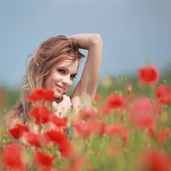 Menina bonita no campo de papoula, vestido preto — Fotografia de Stock