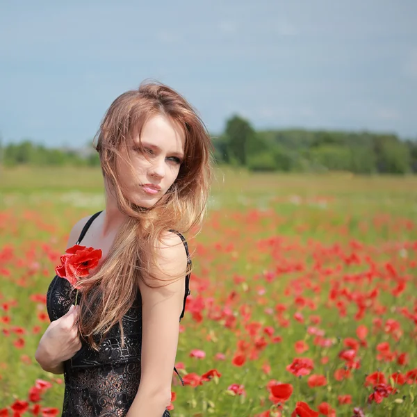 Bella ragazza nel campo di papavero, vestito nero — Foto Stock