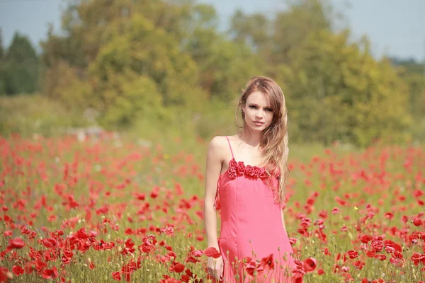 Schönes Mädchen im Mohnfeld, rotes Kleid — Stockfoto